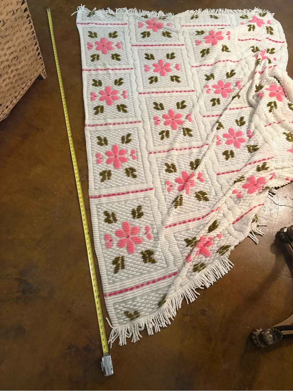 White Chenille Throw Blanket with Pink Floral Pattern